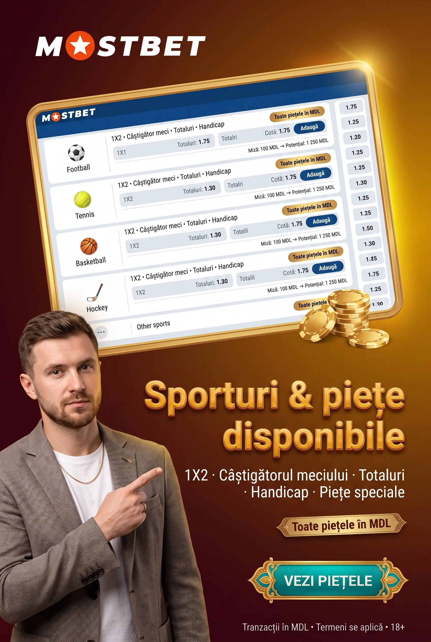 Sporturi și piețe disponibile la Mostbet